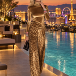 Vintage Glam Gold Velvet Turtleneck Top And Leopard-Print Wide-Leg Pants Set