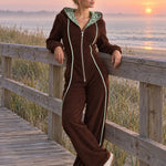 Retro Casual Brown Fleece Leopard-Lined Hooded Zip-Up Contrast-Piping Wide-Leg Jumpsuit