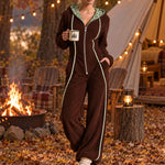 Retro Casual Brown Fleece Leopard-Lined Hooded Zip-Up Contrast-Piping Wide-Leg Jumpsuit