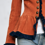 Retro Western Burnt Orange Faux Suede Navy Ruffle Trim Peplum Jacket