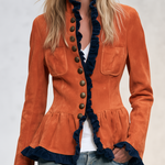 Retro Western Burnt Orange Faux Suede Navy Ruffle Trim Peplum Jacket
