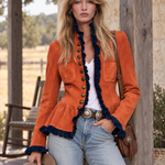 Retro Western Burnt Orange Faux Suede Navy Ruffle Trim Peplum Jacket