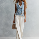 Light Blue Frayed Gold Button Front Denim Vest