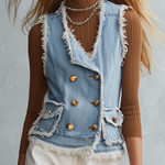 Light Blue Frayed Gold Button Front Denim Vest