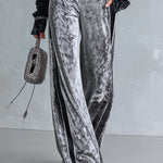 Chic And Casual Black Sequin Star Top And Grey Wide-leg Trousers Velvet Set