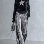 Chic And Casual Black Sequin Star Top And Grey Wide-leg Trousers Velvet Set