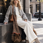 Chic Urban Faux-Fur Hem Grey Patchwork Leopard-Print Coat
