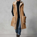 Rustic Western Camel Faux Shearling Hooded Sleeveless Longline Suede Vest