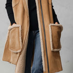 Rustic Western Camel Faux Shearling Hooded Sleeveless Longline Suede Vest