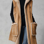 Rustic Western Camel Faux Shearling Hooded Sleeveless Longline Suede Vest