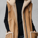 Rustic Western Camel Faux Shearling Hooded Sleeveless Longline Suede Vest