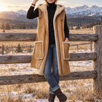 Rustic Western Camel Faux Shearling Hooded Sleeveless Longline Suede Vest