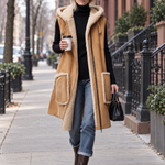 Rustic Western Camel Faux Shearling Hooded Sleeveless Longline Suede Vest