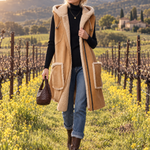 Rustic Western Camel Faux Shearling Hooded Sleeveless Longline Suede Vest