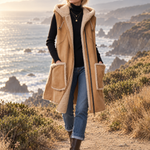Rustic Western Camel Faux Shearling Hooded Sleeveless Longline Suede Vest