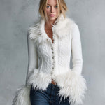 Vintage Fitted Button-Front Faux Fur Collar Cuff Cable Knit Cardigan