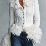 Vintage Fitted Button-Front Faux Fur Collar Cuff Cable Knit Cardigan