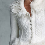 Vintage Fitted Button-Front Faux Fur Collar Cuff Cable Knit Cardigan