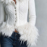 Vintage Fitted Button-Front Faux Fur Collar Cuff Cable Knit Cardigan