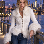 Vintage Fitted Button-Front Faux Fur Collar Cuff Cable Knit Cardigan