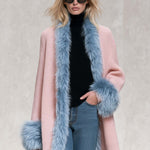 Elegant Pink Chunky Knit Blue Faux Fur Trim Shawl-Collar Cardigan