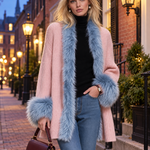 Elegant Pink Chunky Knit Blue Faux Fur Trim Shawl-Collar Cardigan