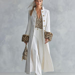 Premium Leopard-print Faux-fur Cuffs White Stand Collar Single-breasted Coat