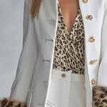 Premium Leopard-print Faux-fur Cuffs White Stand Collar Single-breasted Coat