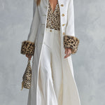 Premium Leopard-print Faux-fur Cuffs White Stand Collar Single-breasted Coat