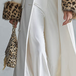 Premium Leopard-print Faux-fur Cuffs White Stand Collar Single-breasted Coat