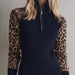 Preppy Leopard Long Sleeve Ribbed Knit Quarter Zip Bodycon Sweater Mini Dress