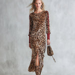 Retro Color-block Striped Leopard Print Slit Velvet Midi Dress