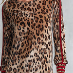Retro Color-block Striped Leopard Print Slit Velvet Midi Dress