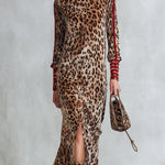 Retro Color-block Striped Leopard Print Slit Velvet Midi Dress