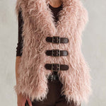 Retro Boho Women Pink Shaggy Mongolian Faux Fur Buckle-Front Sleeveless Vest