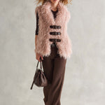 Retro Boho Women Pink Shaggy Mongolian Faux Fur Buckle-Front Sleeveless Vest