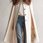 Retro Elegant Ivory Leopard Faux Fur Collar Wool Blend Swing Cape Coat