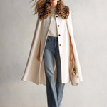 Retro Elegant Ivory Leopard Faux Fur Collar Wool Blend Swing Cape Coat