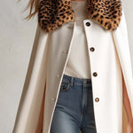 Retro Elegant Ivory Leopard Faux Fur Collar Wool Blend Swing Cape Coat
