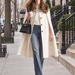 Retro Elegant Ivory Leopard Faux Fur Collar Wool Blend Swing Cape Coat