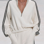 Casual Sporty Black Ribbon White Half-Zip Sweatshirt And Wide-Leg Pants Set