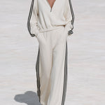 Casual Sporty Black Ribbon White Half-Zip Sweatshirt And Wide-Leg Pants Set