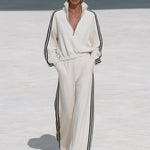 Casual Sporty Black Ribbon White Half-Zip Sweatshirt And Wide-Leg Pants Set