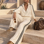 Casual Sporty Black Ribbon White Half-Zip Sweatshirt And Wide-Leg Pants Set