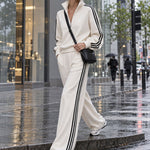 Casual Sporty Black Ribbon White Half-Zip Sweatshirt And Wide-Leg Pants Set