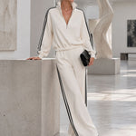 Casual Sporty Black Ribbon White Half-Zip Sweatshirt And Wide-Leg Pants Set