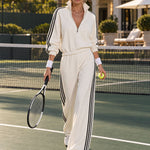 Casual Sporty Black Ribbon White Half-Zip Sweatshirt And Wide-Leg Pants Set