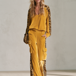 Retro Chic Yellow Leopard Print Velvet Top & Wide-Leg Pants Set