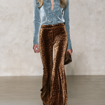 Retro Chic Blue Velvet Ruffle Top & Leopard Print Wide-Leg Pants Set
