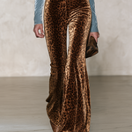 Retro Chic Blue Velvet Ruffle Top & Leopard Print Wide-Leg Pants Set